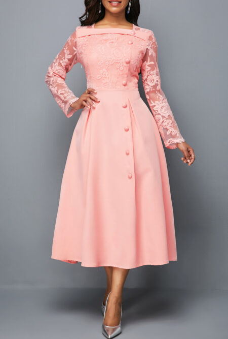 Long Sleeve Lace Panel Button Detail Midi Dress
