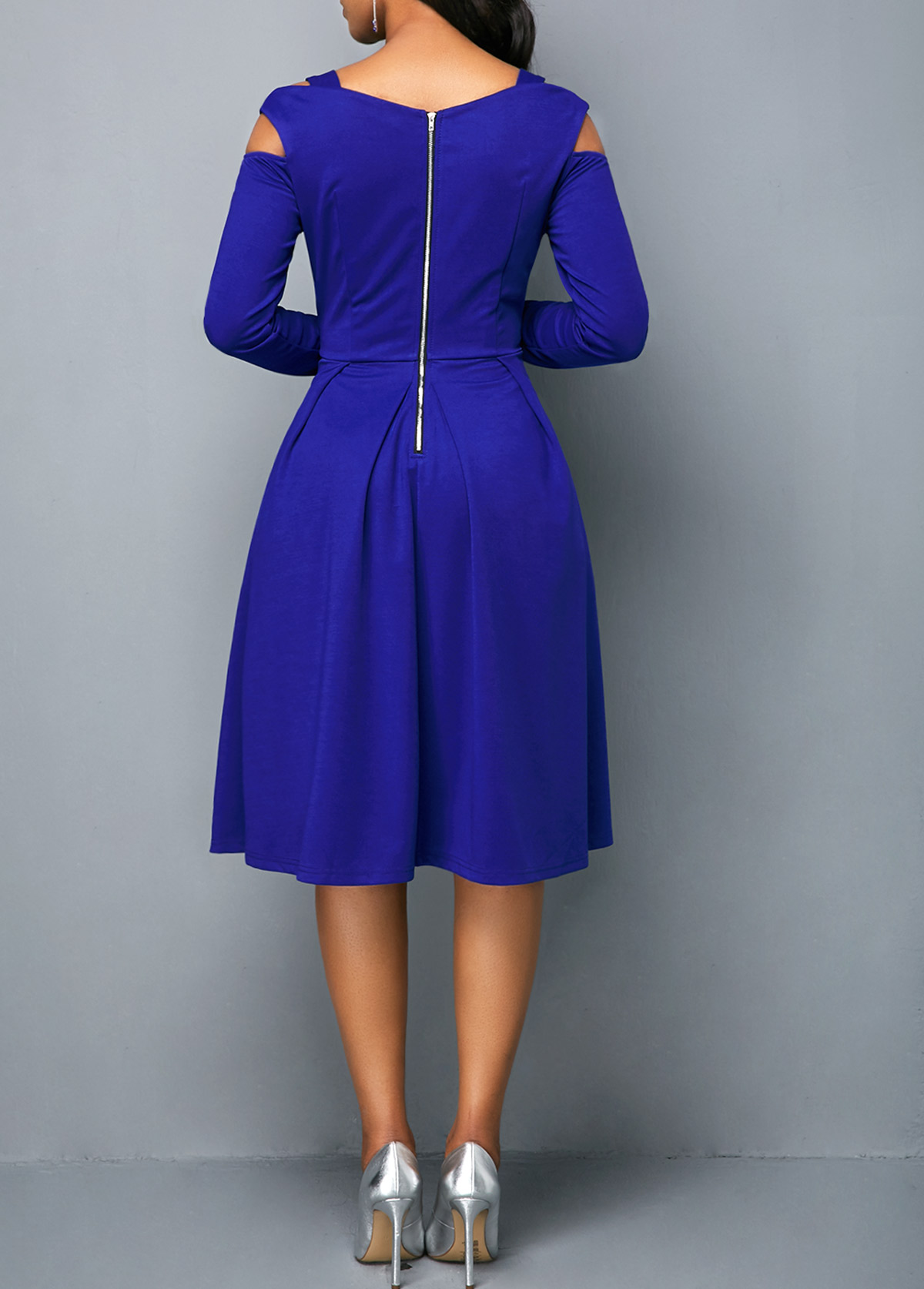 Long Sleeve Royal Blue Cutout Shoulder Pocket Dress - Fashion Design Store