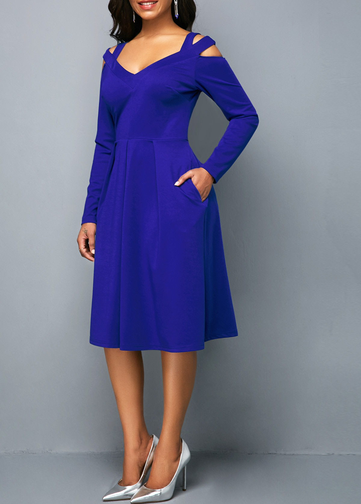 Long Sleeve Royal Blue Cutout Shoulder Pocket Dress - Fashion Design Store