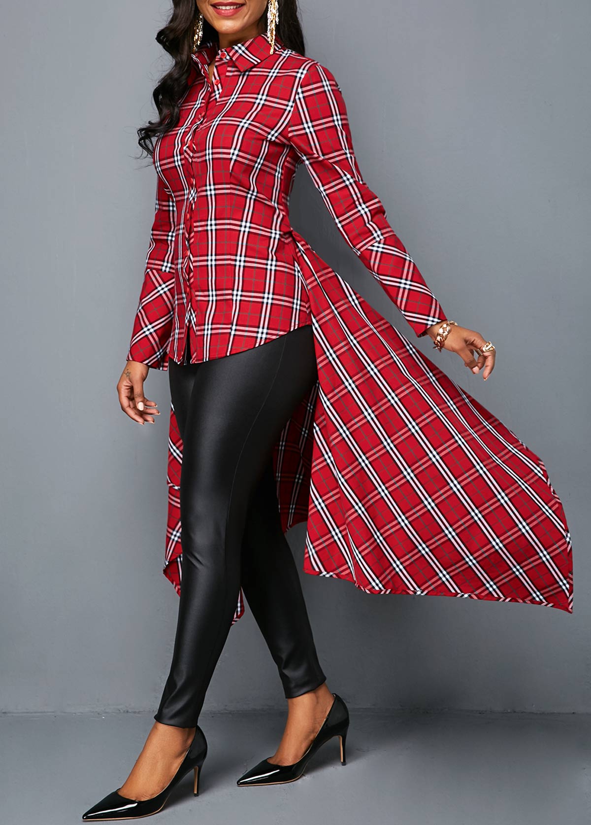 Asymmetric Hem Button Front Plaid Print Shirt - Image 3