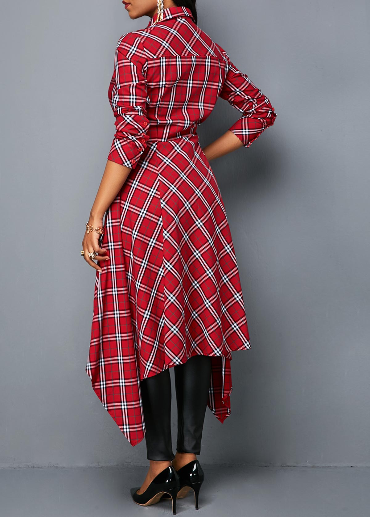 Asymmetric Hem Button Front Plaid Print Shirt - Image 2