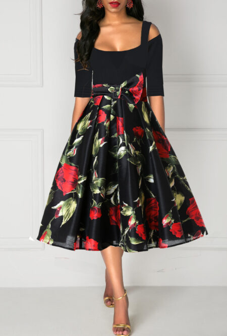 Half Sleeve Rose Print Tie Waist Cold Shoulder Dress