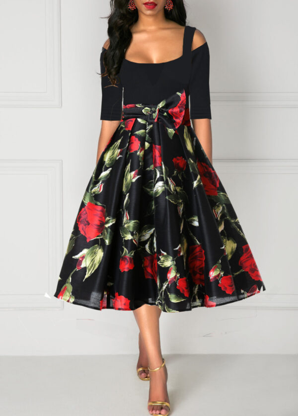 Half Sleeve Rose Print Tie Waist Cold Shoulder Dress