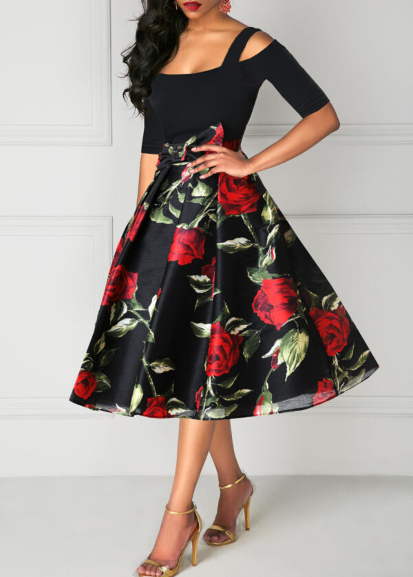 Half Sleeve Rose Print Tie Waist Cold Shoulder Dress - Image 3