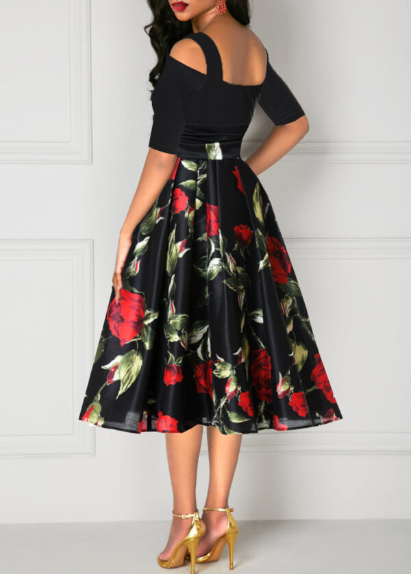 Half Sleeve Rose Print Tie Waist Cold Shoulder Dress - Image 2