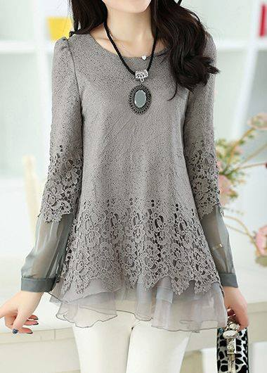 Long Sleeve Layered Lace Panel Blouse