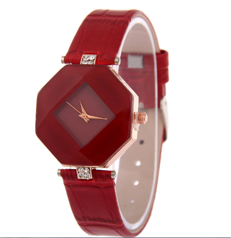 Gem Cut Geometry Crystal Leather Quartz Wristwatch