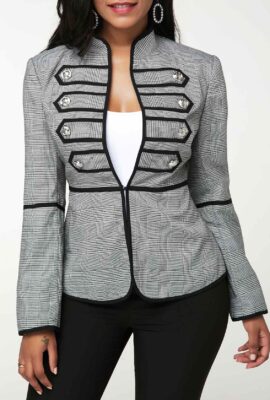 Printed Long Sleeve Grey Button Detail Blazer