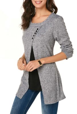 Long Sleeve Button Detail Light Grey Tunic