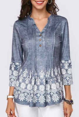 Split Neck Button Detail Printed Pleated Blouse
