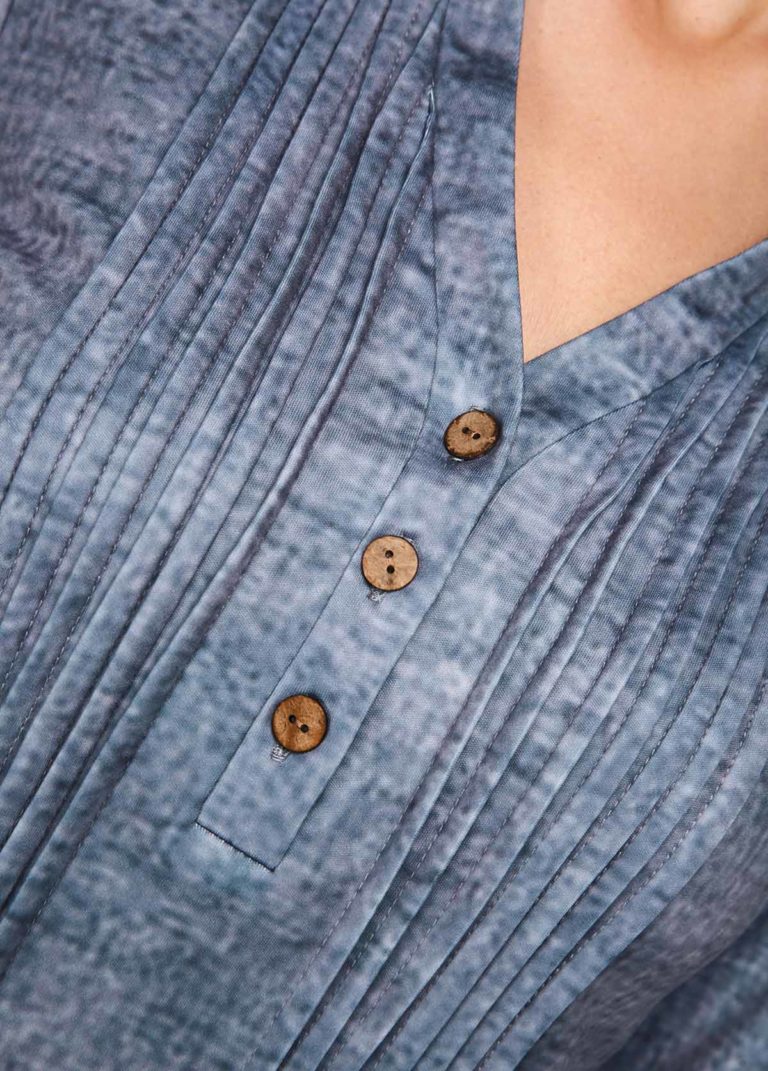 Split Neck Button Detail Printed Pleated Blouse - Fashion Design Store