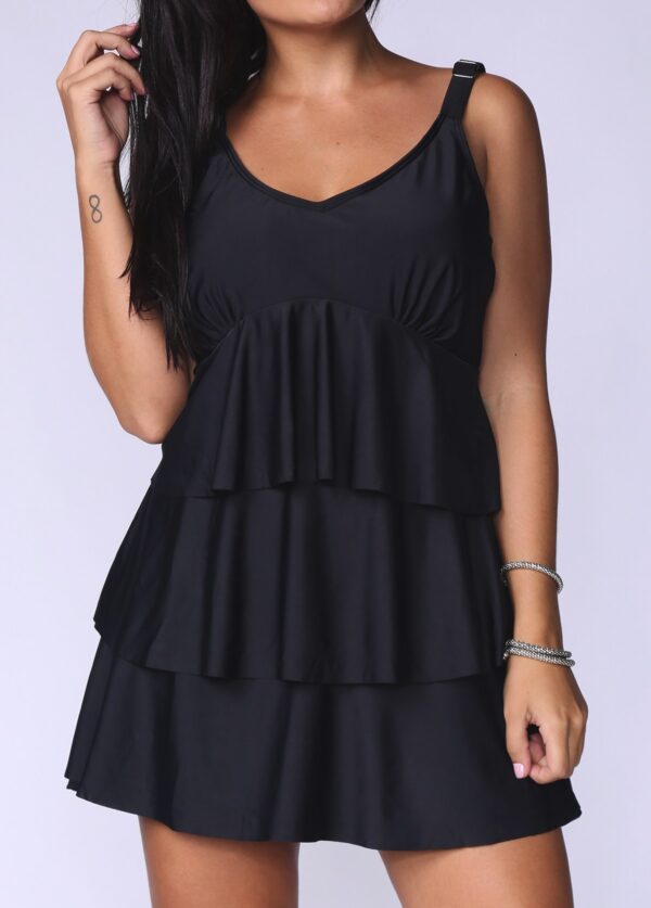 Plus Size Layered Solid Black Swimdress & Panty