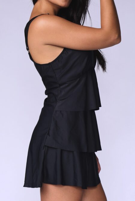 Plus Size Layered Solid Black Swimdress & Panty