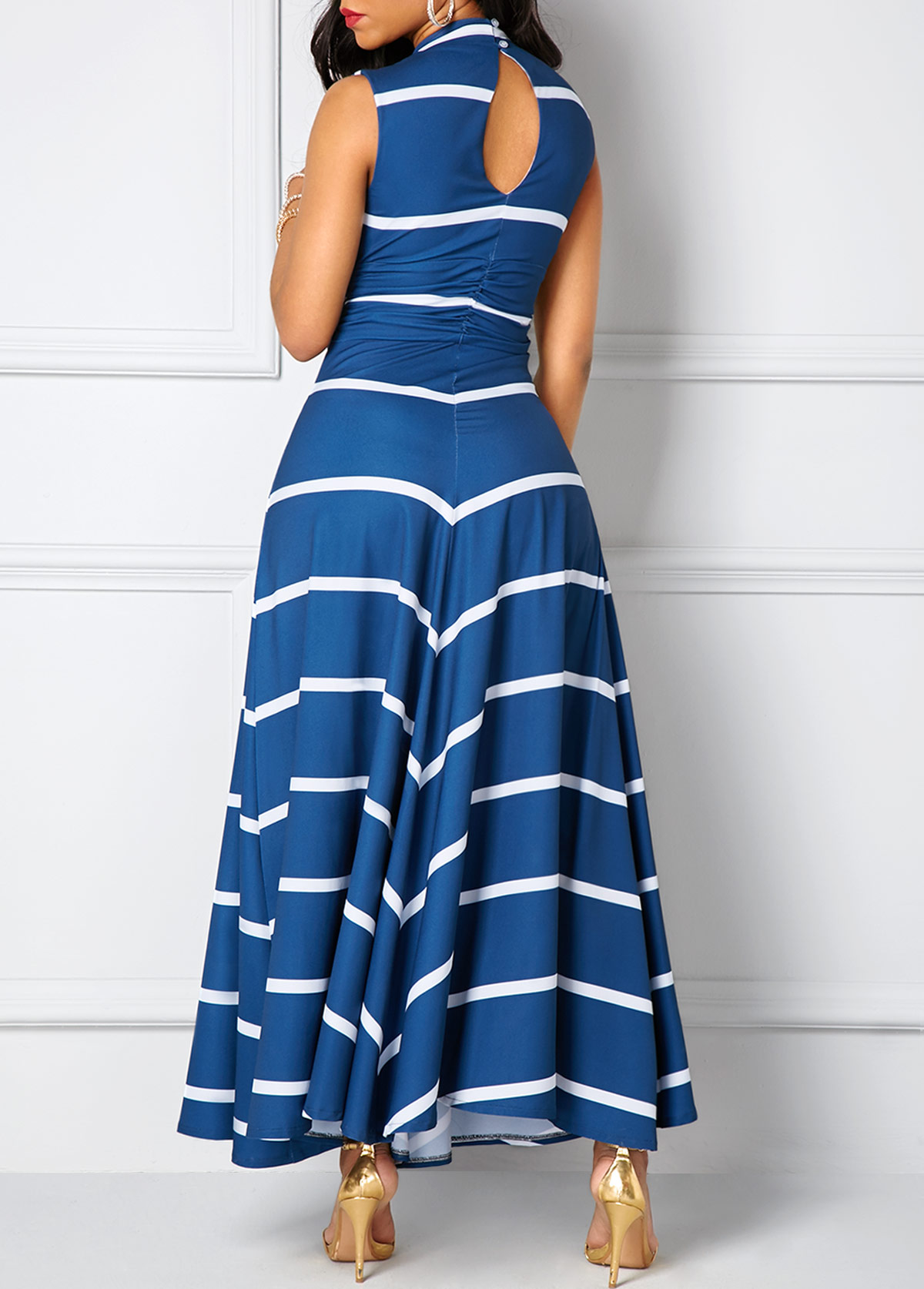 Cutout Back V Neck Printed Navy Maxi Dress - Fashion Design Store