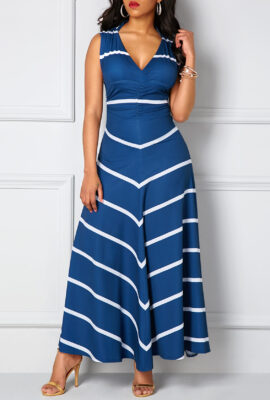 Cutout Back V Neck Printed Navy Maxi Dress