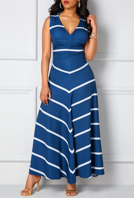 Cutout Back V Neck Printed Navy Maxi Dress