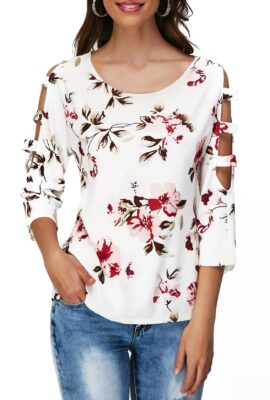 Round Neck Flower Print Cutout Sleeve T Shirt