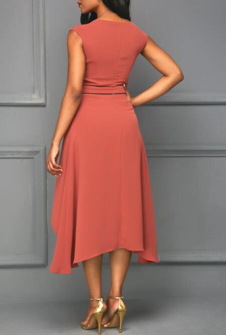 Cap Sleeve Asymmetric Hem Brick Red Dress