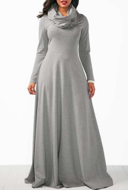 Cowl Neck Long Sleeve Grey Maxi Dress