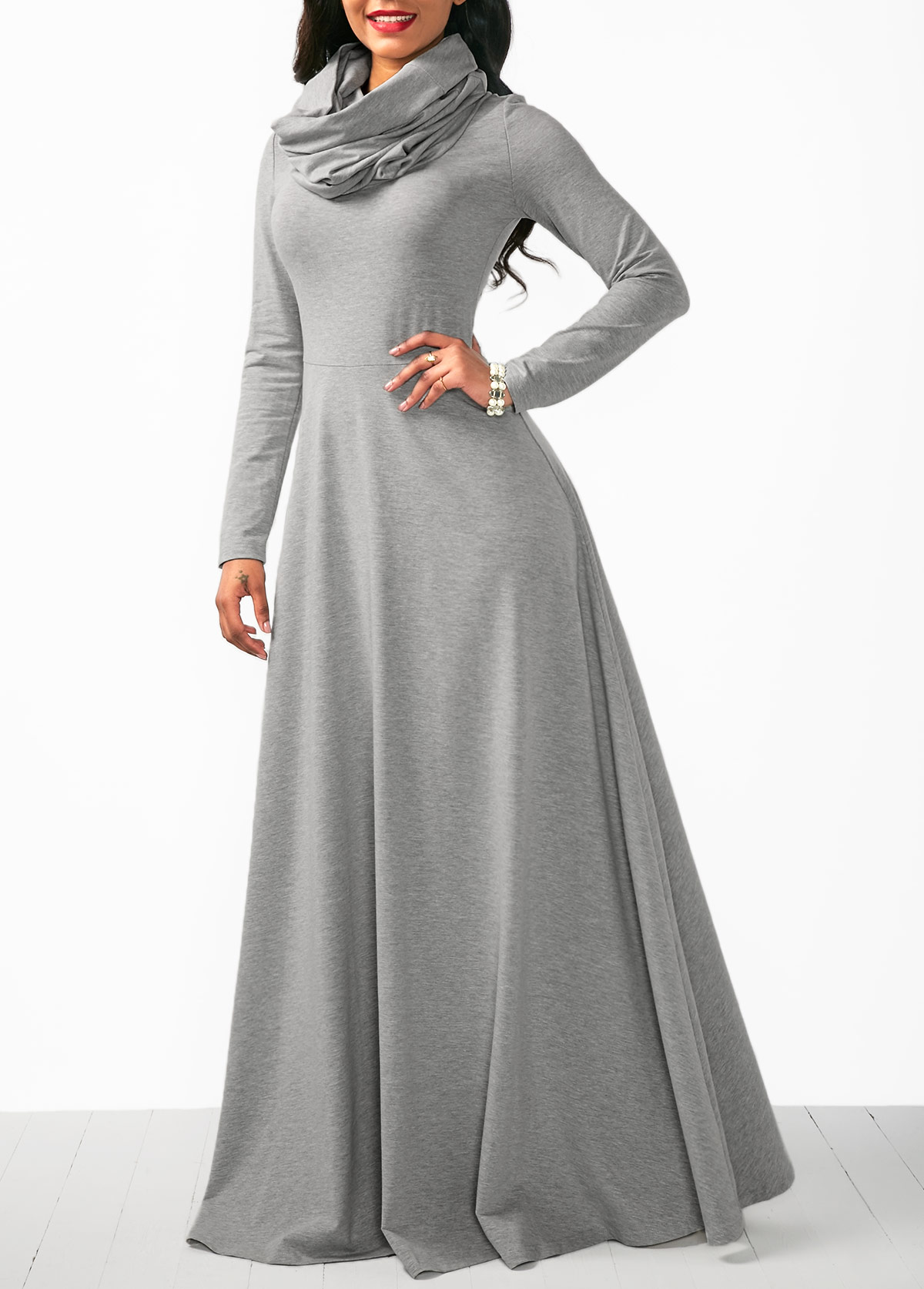 Cowl Neck Long Sleeve Grey Maxi Dress - Fashion Design Store