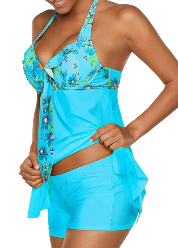 Open Back Printed Light Blue Tankini Set - Image 7