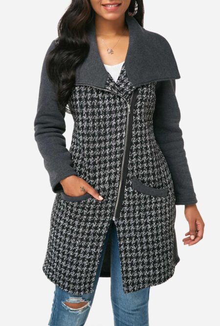 Houndstooth Pattern Pocket Dark Grey Zipper Front Coat