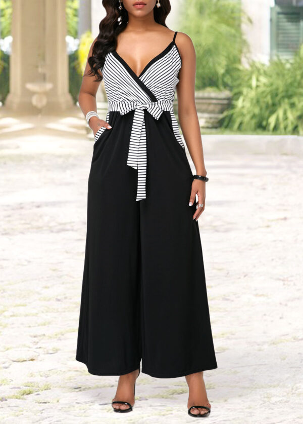 Amazing Stripe Print Spaghetti Strap Belted Jumpsuit