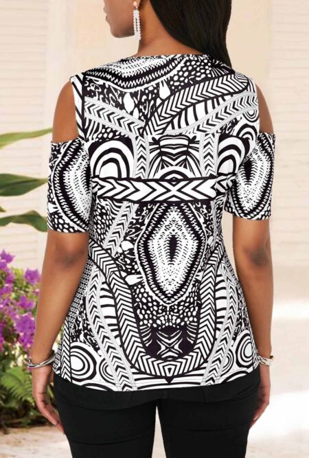 Stunning Cold Shoulder  V Neck Printed Blouse