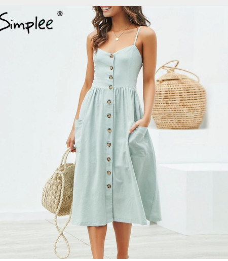 Elegant  Ladies Button  Pocket Dress
