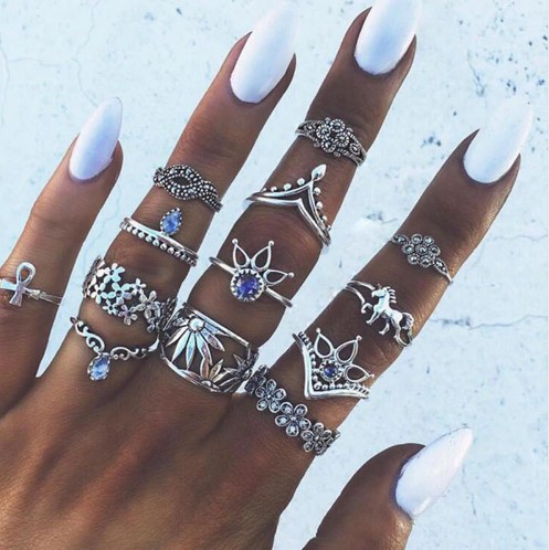 Silver Crown Flower Unicorn Carved  Rhinestone Knuckle Rings Set