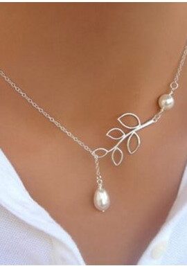 Leaf Shape Faux Pearl Embellished Silver Metal Necklace
