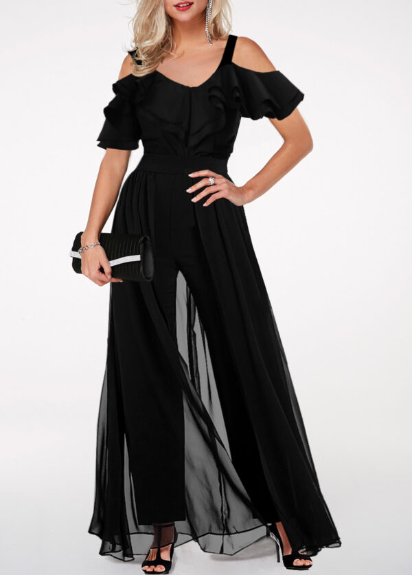 Strappy Cold Shoulder Ruffle Trim Black Jumpsuit - Image 3