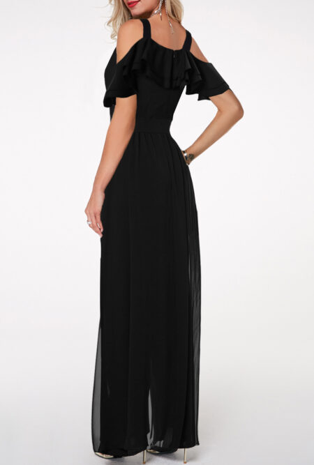 Strappy Cold Shoulder Ruffle Trim Black Jumpsuit