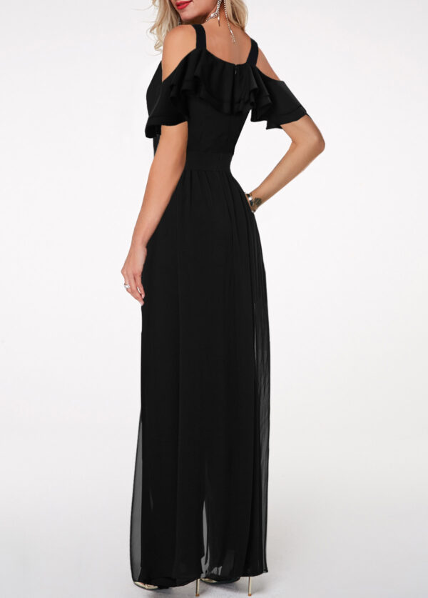Strappy Cold Shoulder Ruffle Trim Black Jumpsuit - Image 2