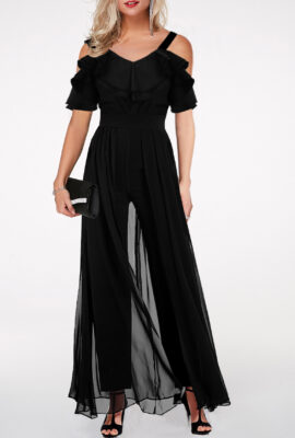 Strappy Cold Shoulder Ruffle Trim Black Jumpsuit