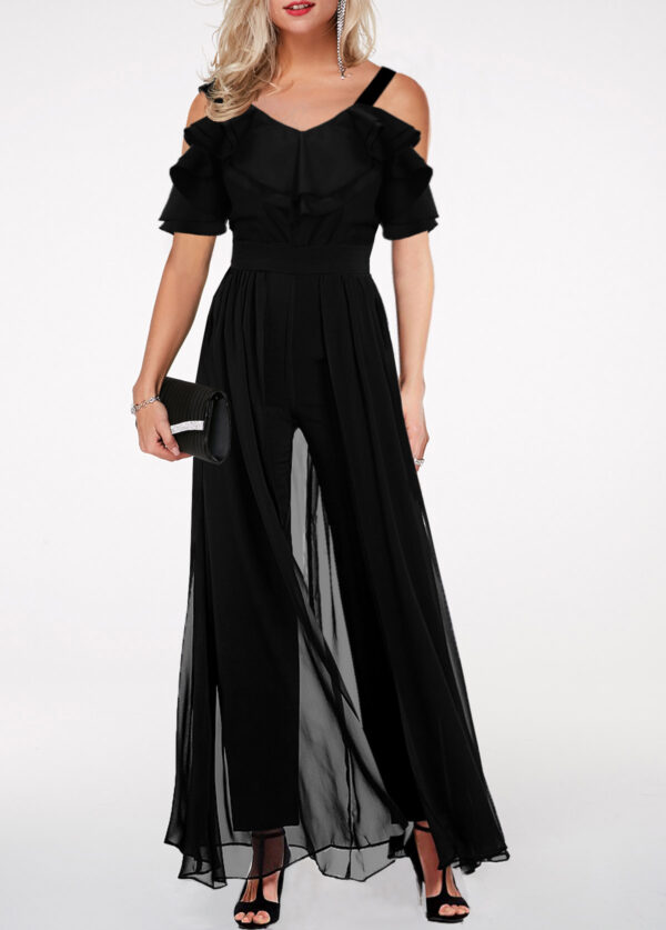 Strappy Cold Shoulder Ruffle Trim Black Jumpsuit