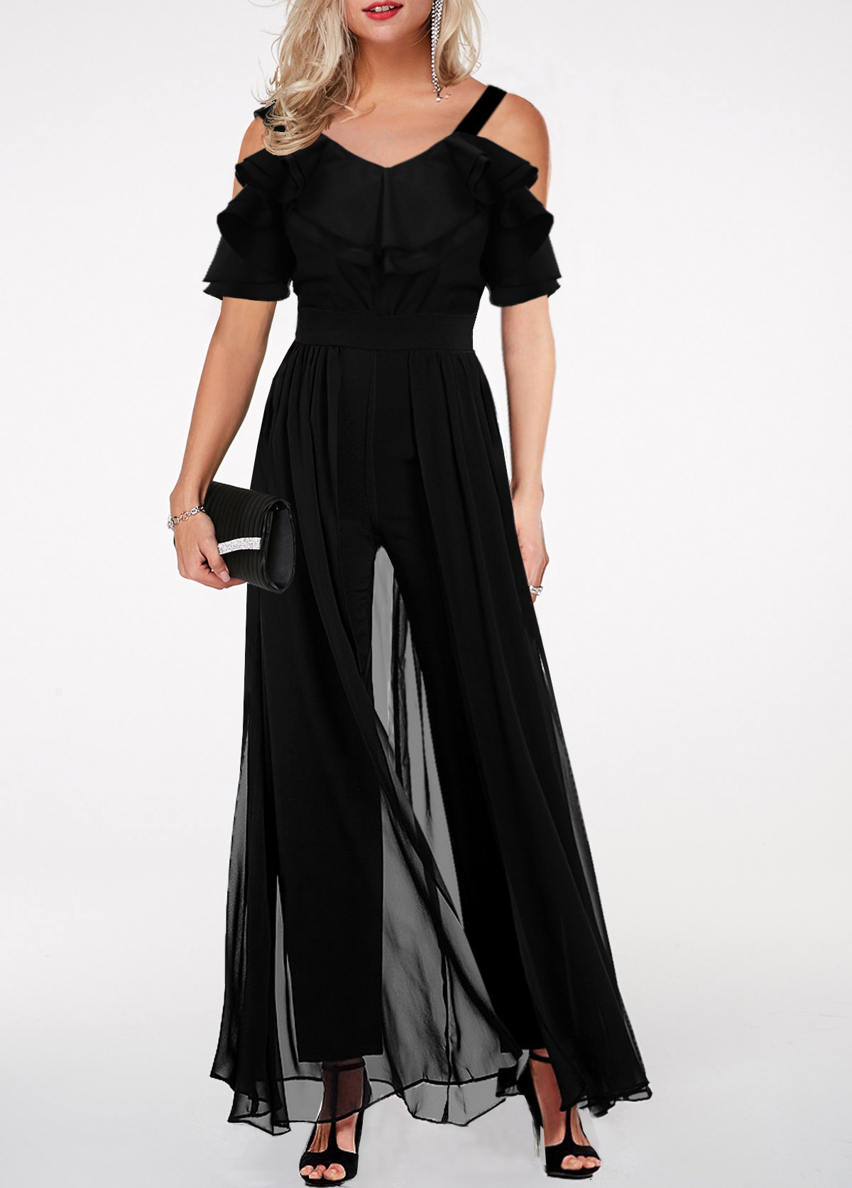 Strappy Cold Shoulder Ruffle Trim Black Jumpsuit - Fashion Design Store