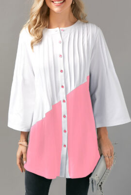 Stunning Pink & White Button Up Tunic Blouse