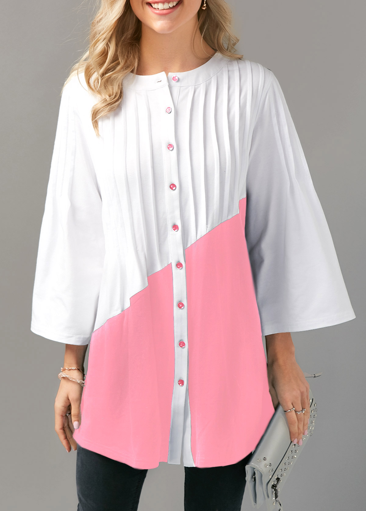 Stunning Pink & White Button Up Tunic Blouse - Fashion Design Store