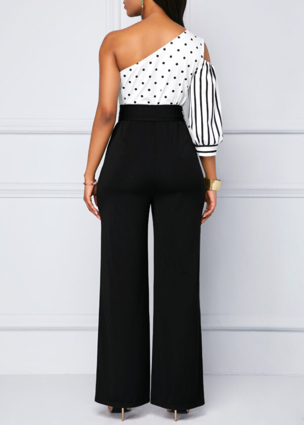 Bowknot Belt Polka Dot One Shoulder Jumpsuit - Image 5