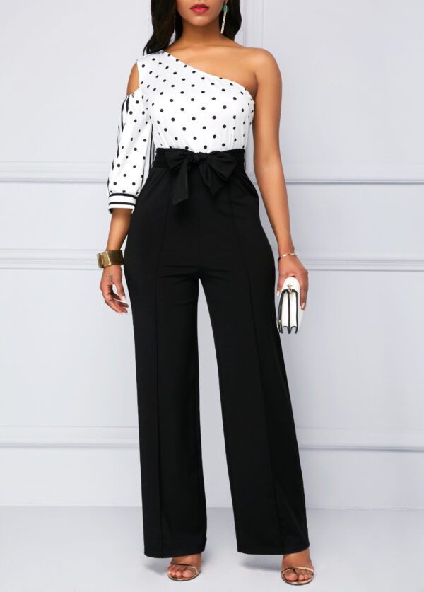 Bowknot Belt Polka Dot One Shoulder Jumpsuit - Image 4