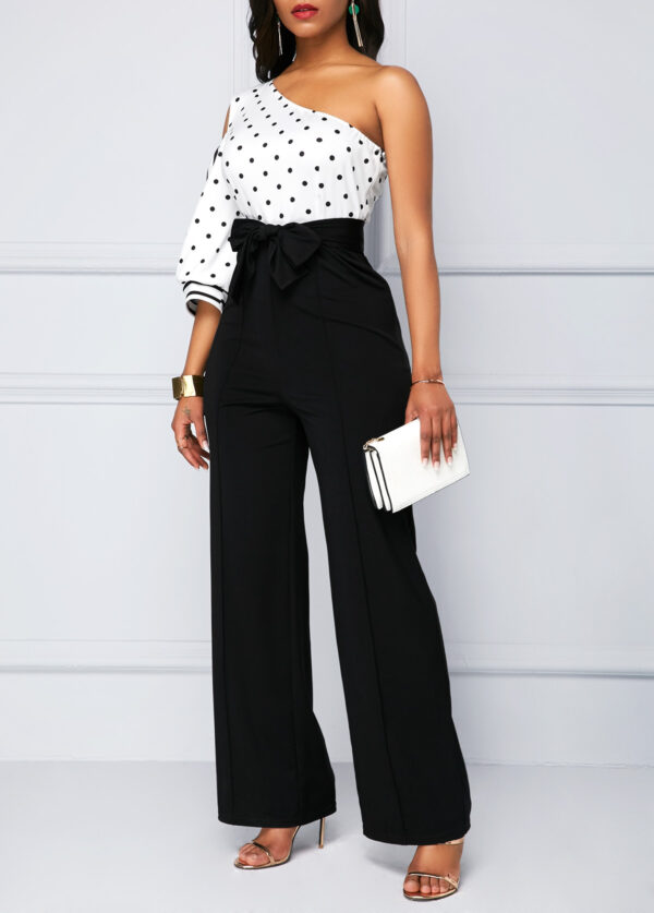 Bowknot Belt Polka Dot One Shoulder Jumpsuit - Image 3