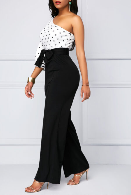 Bowknot Belt Polka Dot One Shoulder Jumpsuit