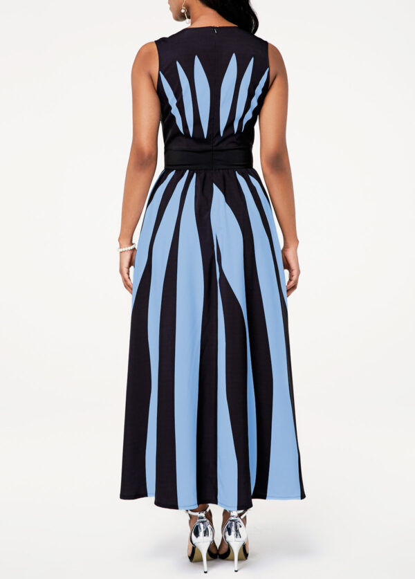 Stripe Print Round Neck Sleeveless Pocket Dress - Image 2
