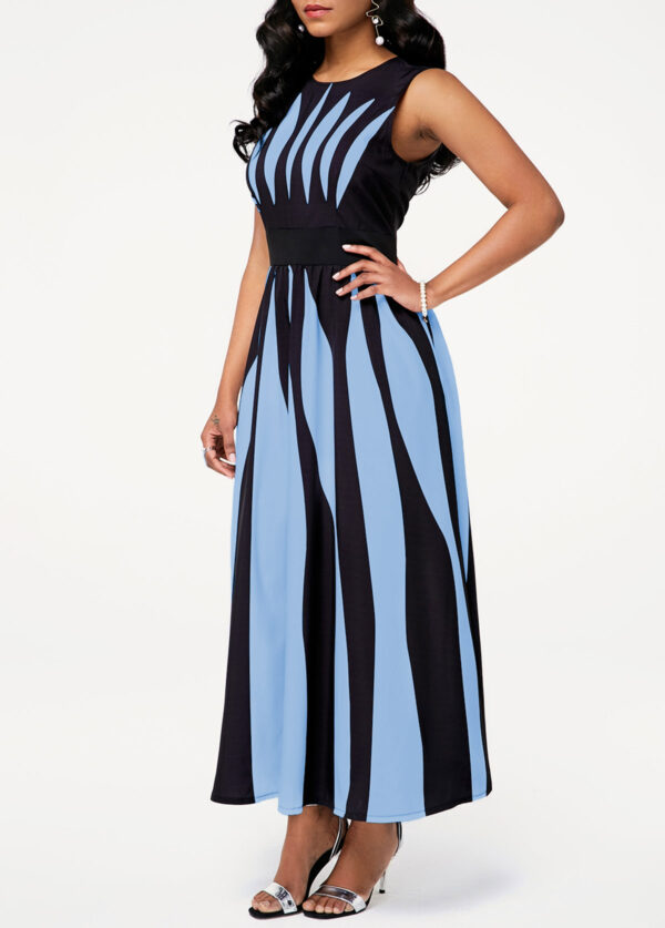 Stripe Print Round Neck Sleeveless Pocket Dress - Image 3