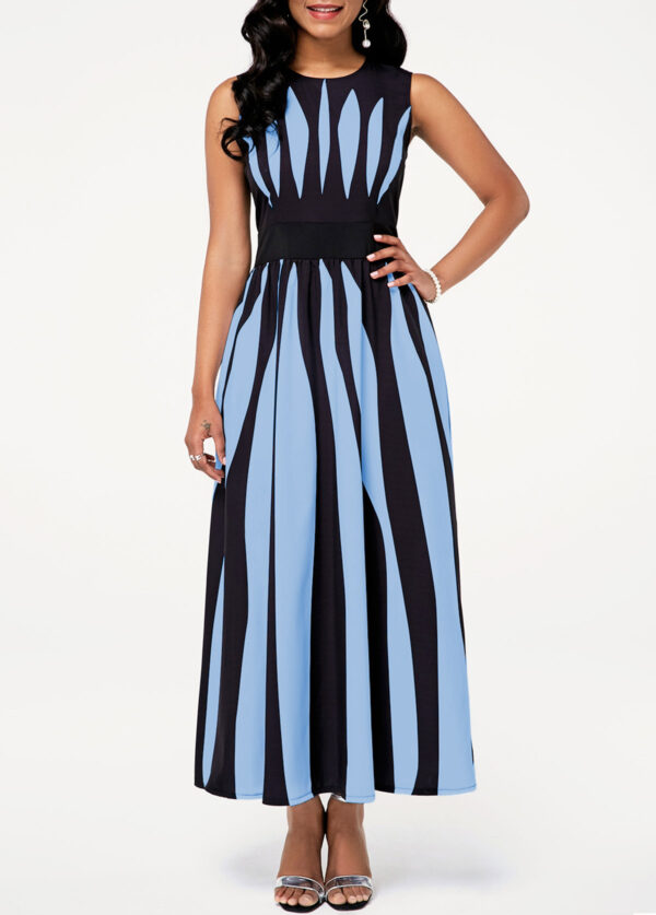 Stripe Print Round Neck Sleeveless Pocket Dress - Image 4