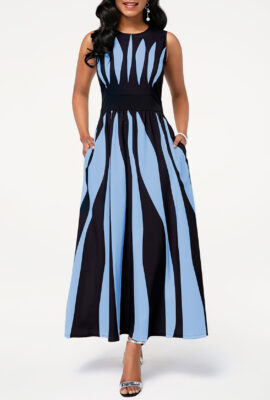 Stripe Print Round Neck Sleeveless Pocket Dress