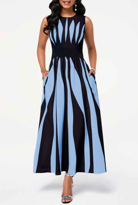 Stripe Print Round Neck Sleeveless Pocket Dress