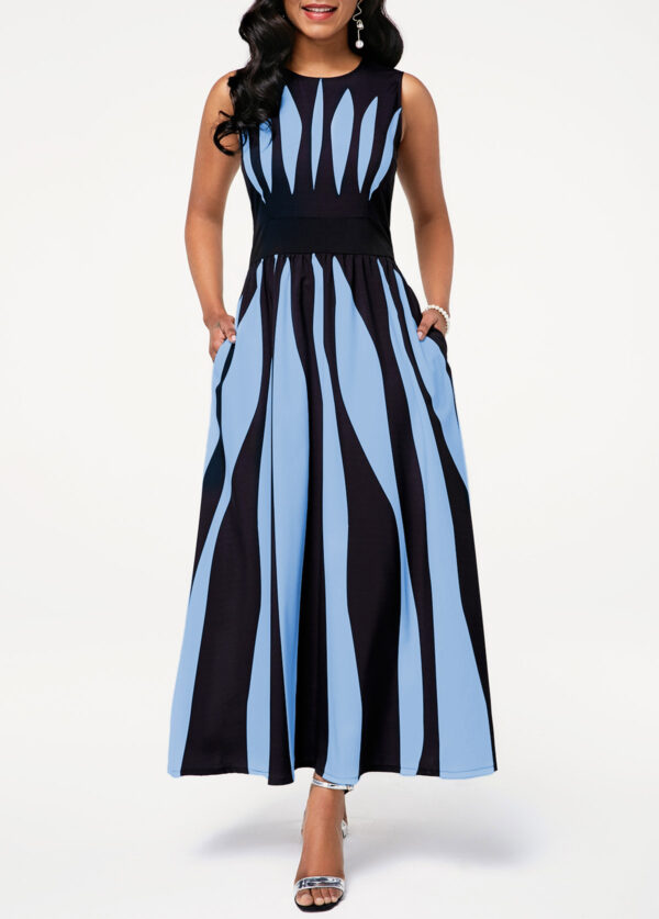Stripe Print Round Neck Sleeveless Pocket Dress