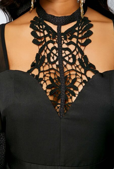 Zipper Back Mesh Panel Black Jumpsuit